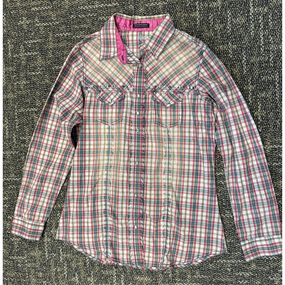 Rock 47 Wrangler Women Large Pink Plaid Frayed Rhinestone Stud Pearl Snap Top